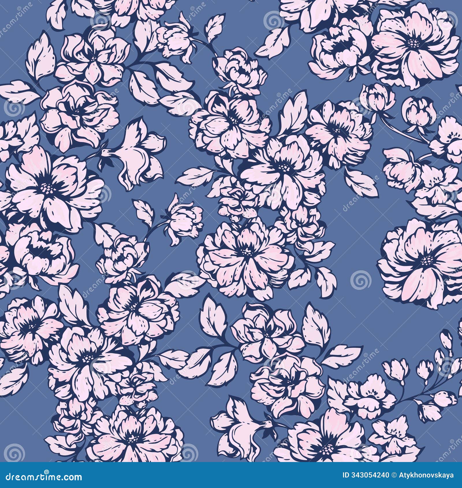 stylized blooming meadow seamless pattern on a true blue background. abstract artistic wild flowers print.  hand drawing