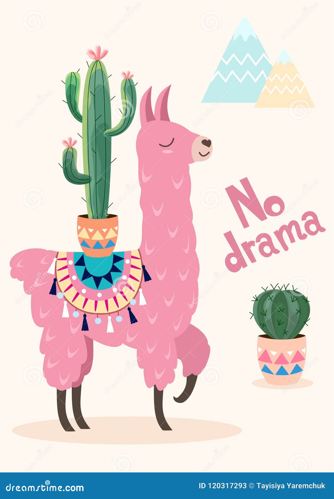 stylized cartoon lama with ornament  and cactus.  card, poster.