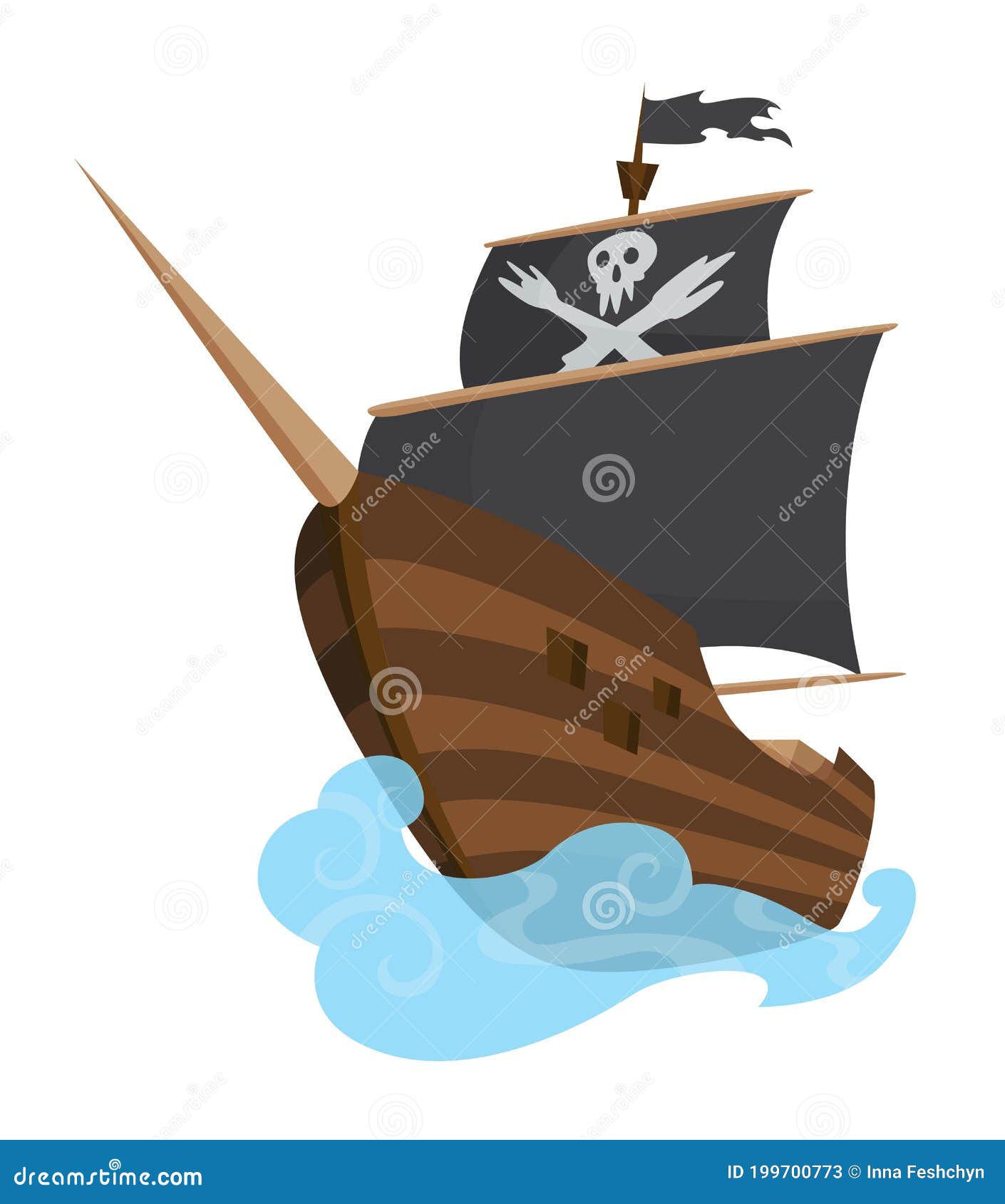 Stylized Cartoon Pirate Ship Illustration with Jolly Roger and Black Sails.  Cute Vector Drawing Stock Vector - Illustration of design, boat: 199700773