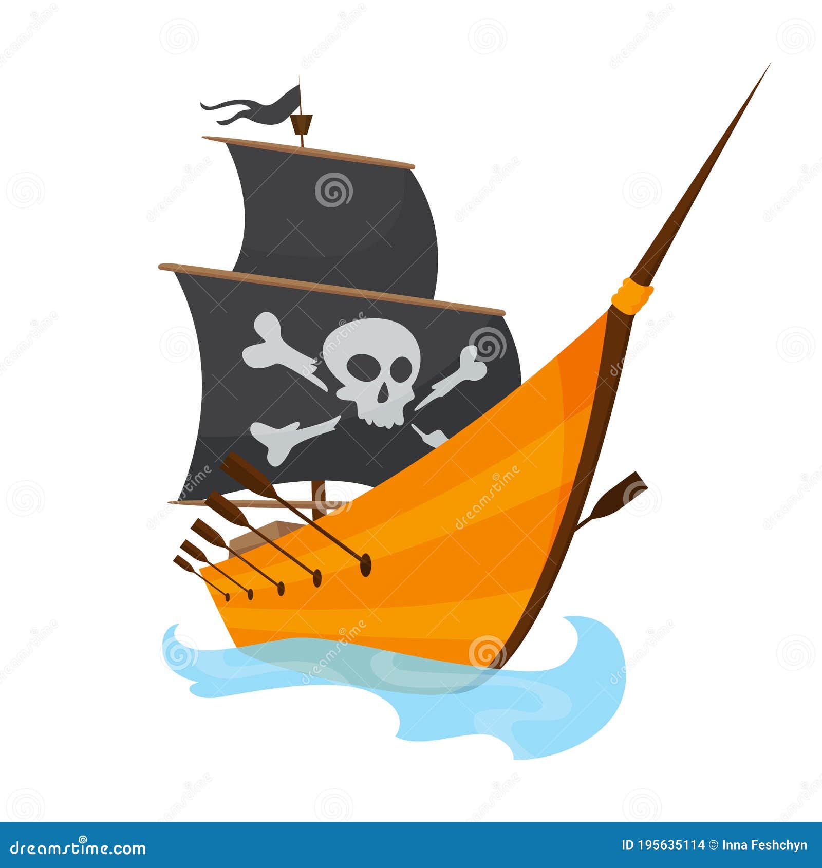 Stylized Cartoon Pirate Ship Illustration with Jolly Roger and Black Sails.  Cute Vector Drawing Stock Vector - Illustration of galleon, flag: 195635114