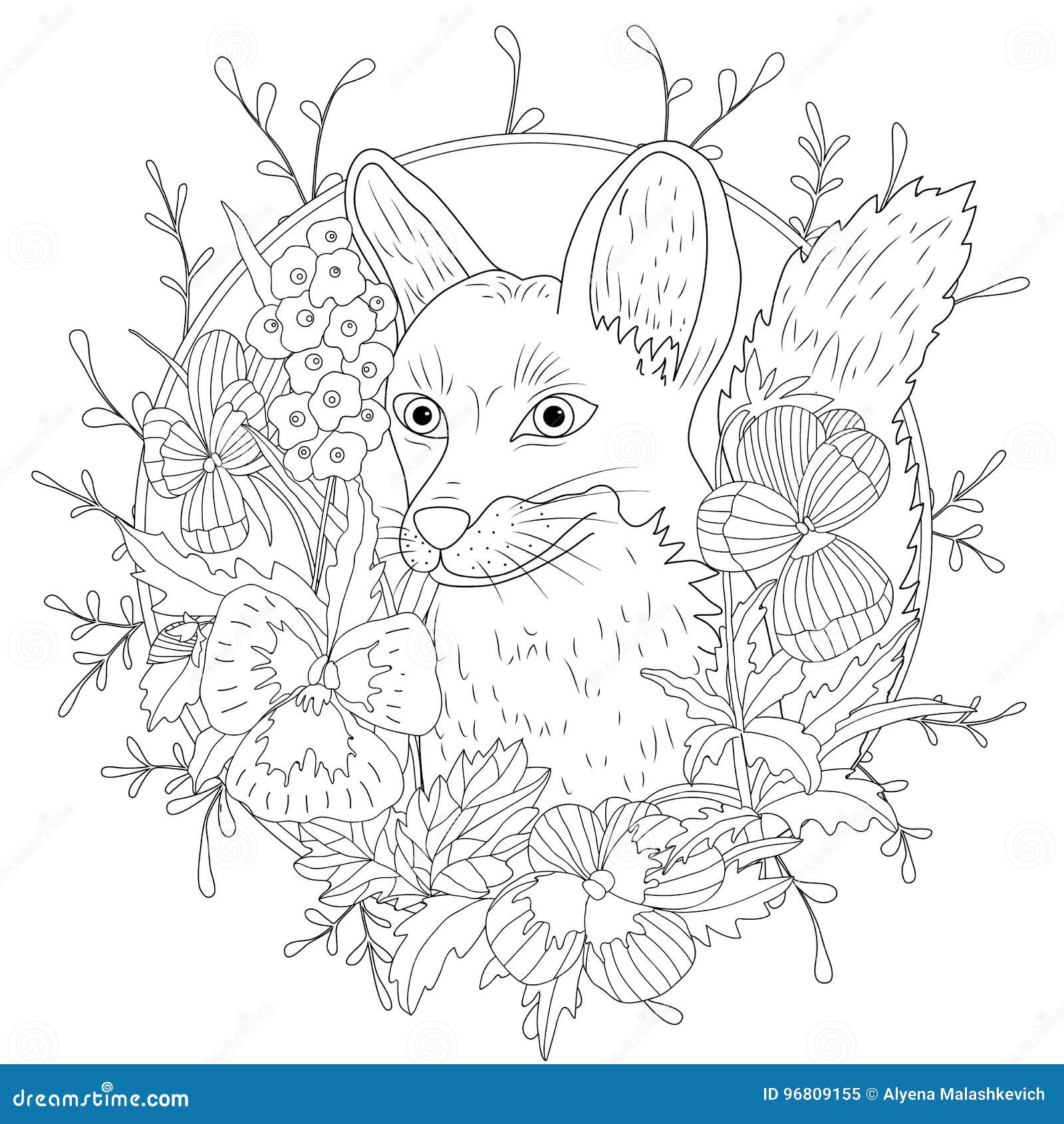 Stylized Cartoon Wild Fox  Animal And Violet Flowers  