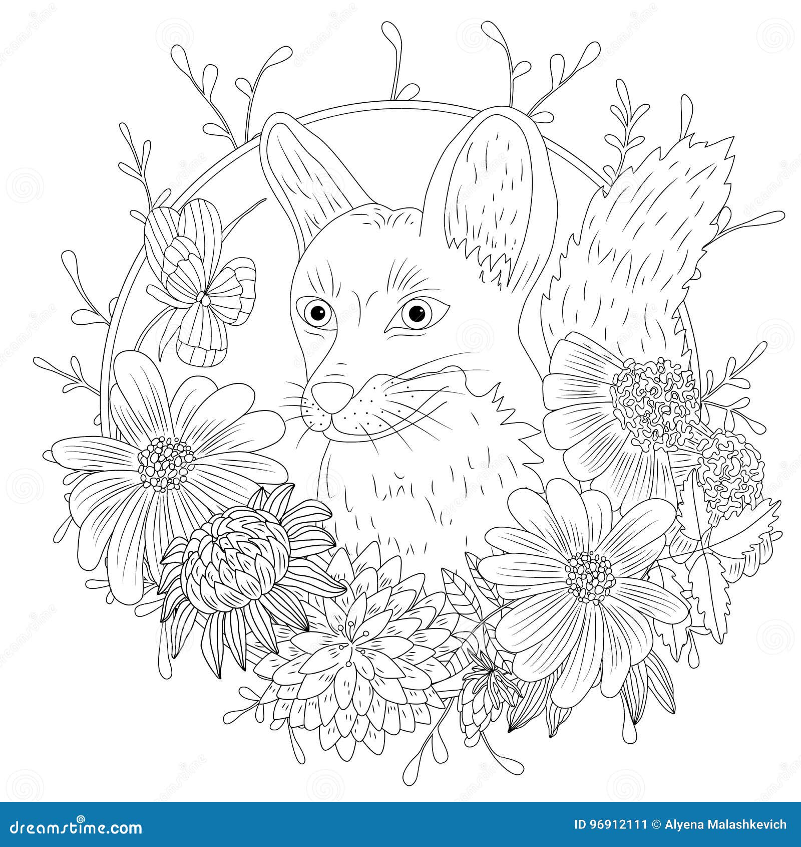 Stylized Cartoon Wild Fox  Animal And Violet Flowers  