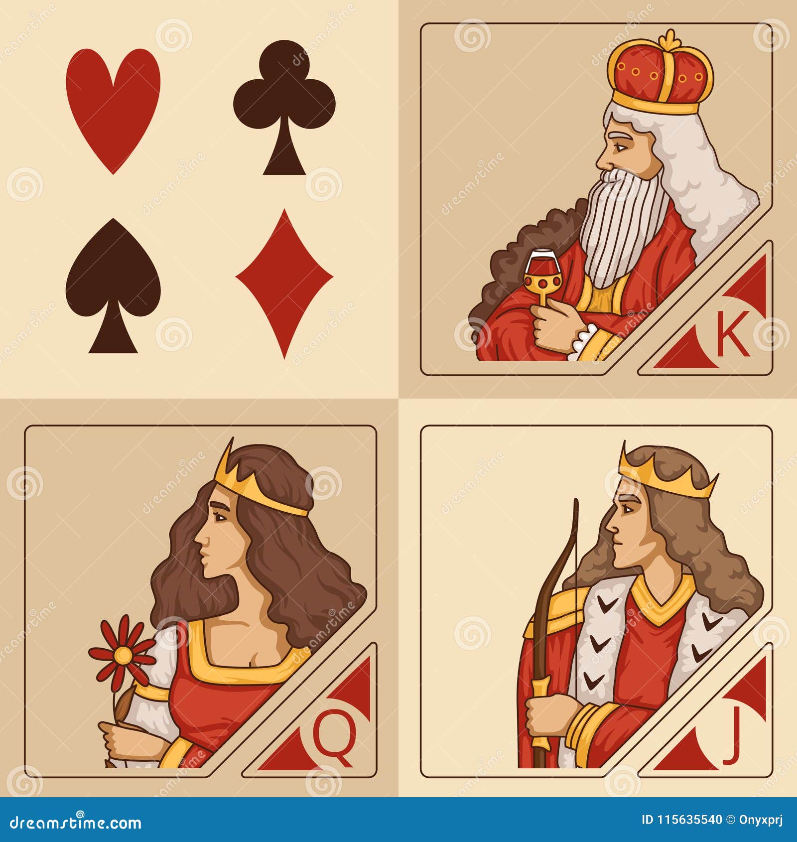 King, Queen and Jack playing cards (coloured wood engraving)