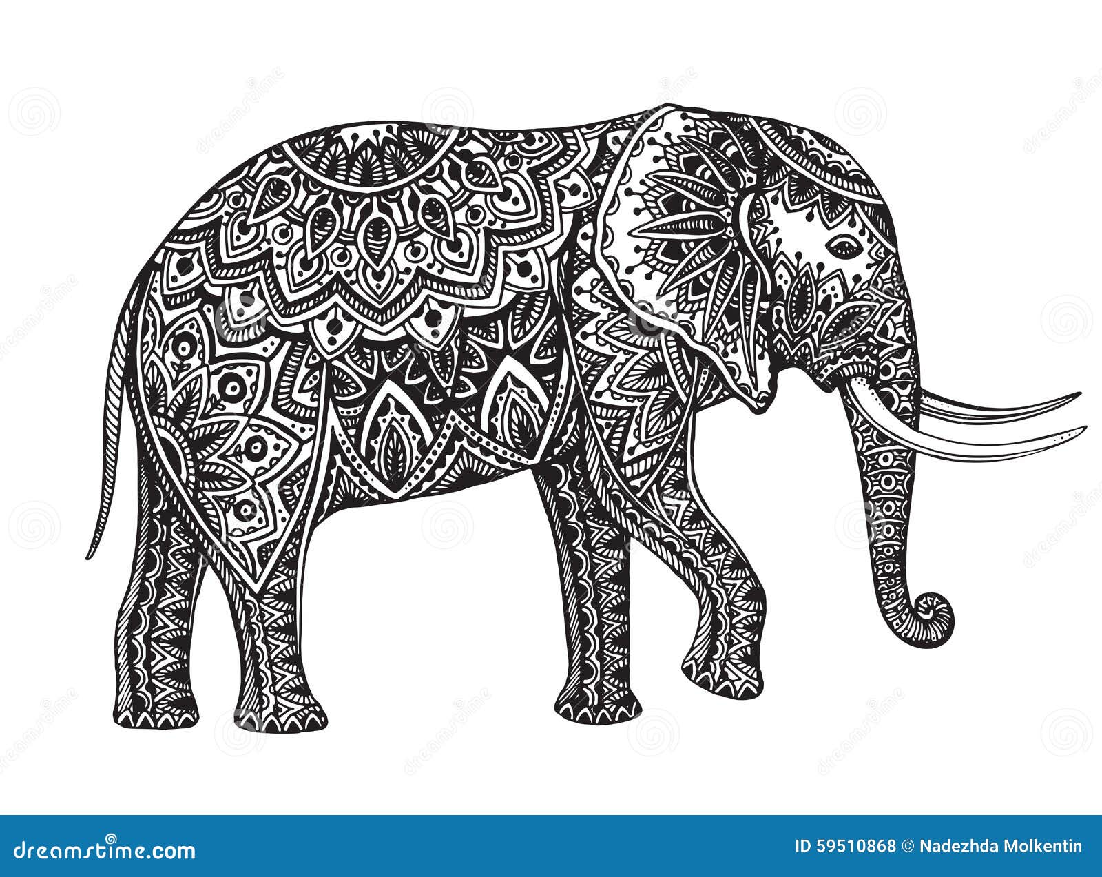 stylized fantasy patterned elephant hand drawn vector illustrat