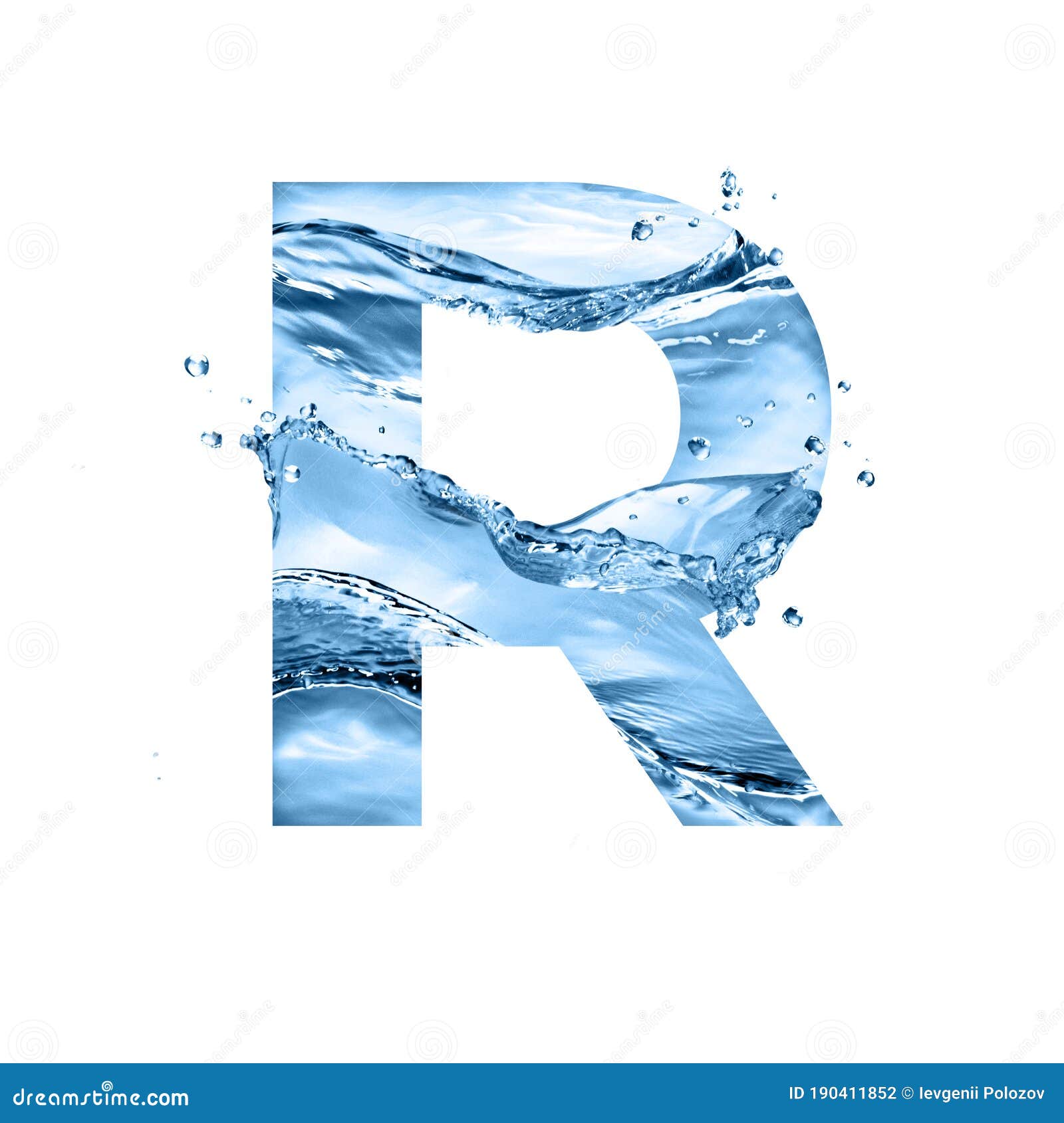 stylized font, text made of water splashes, capital letter r,  on white background