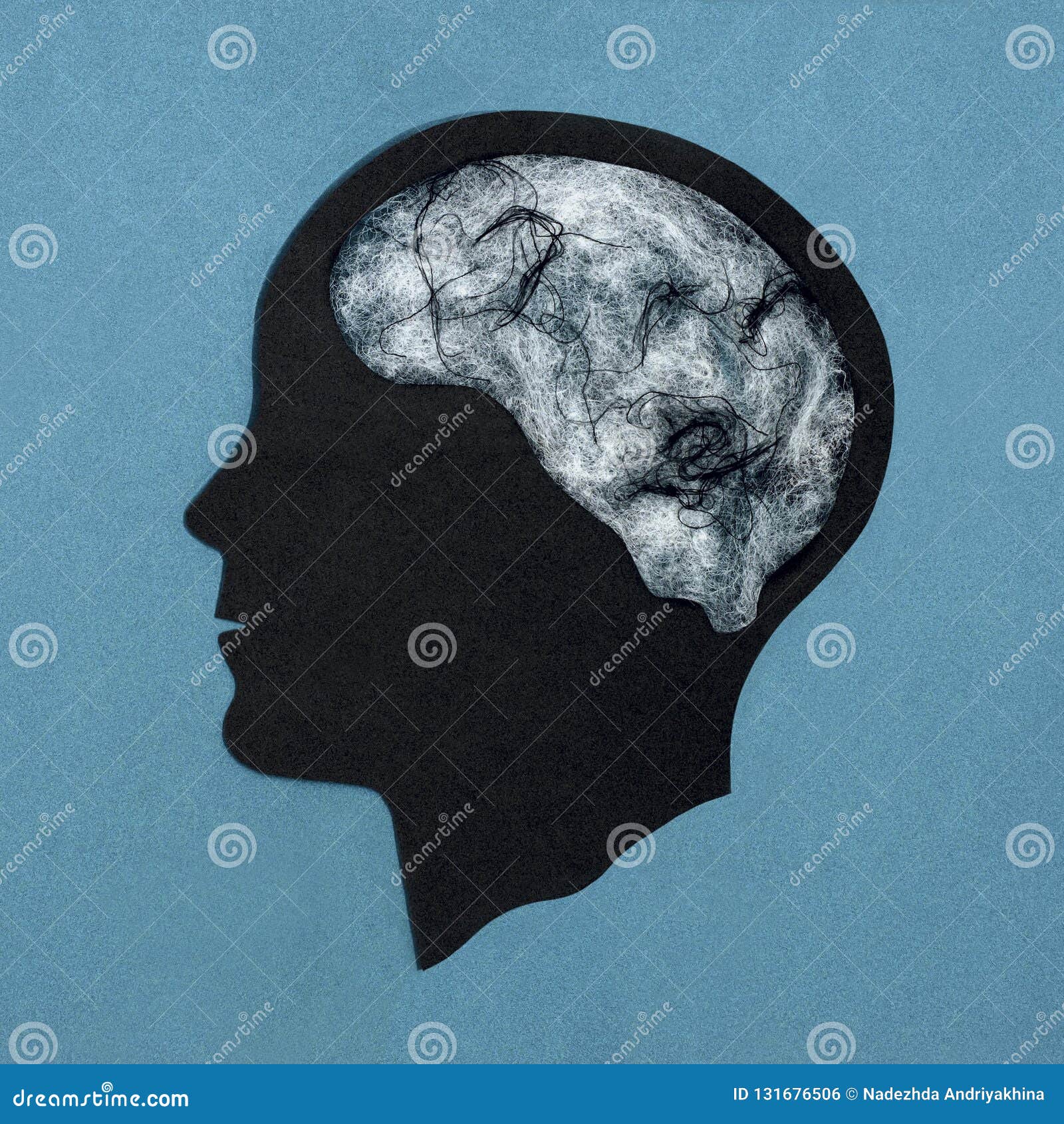 stylized head silhouette. web instead of brain.  of gloom, depression