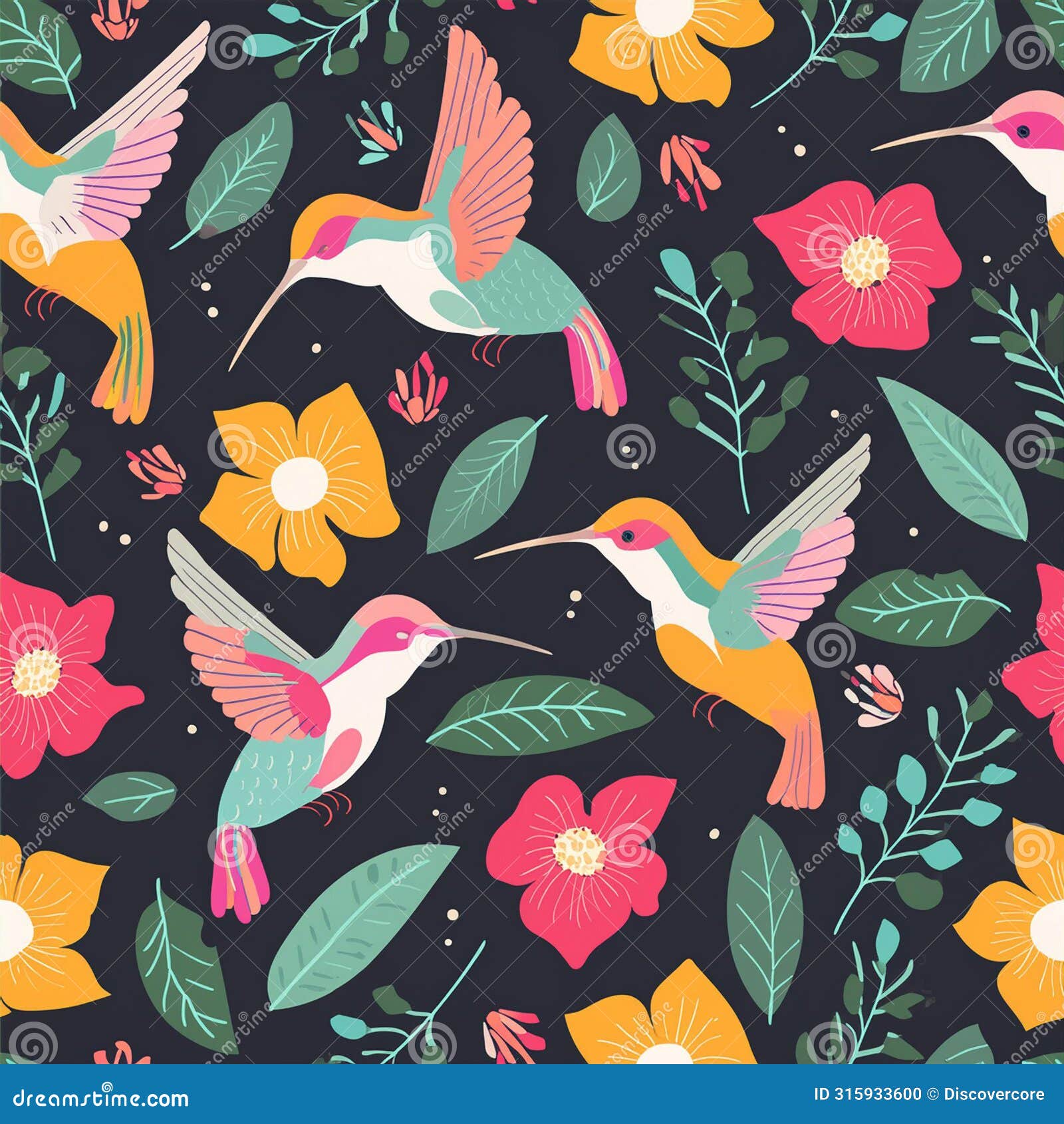 stylized hummingbird floral seamless pattern tile