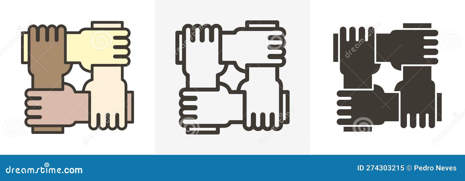 stylized icon  with 4 hands holding together.  for different  like teamwork, community, unity and