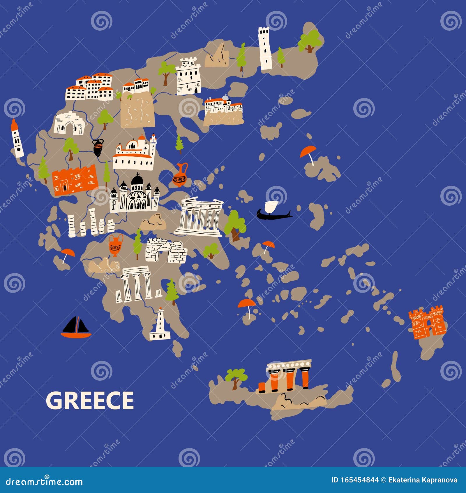Stylized Illustrated Map of Greece. Vector Design in Handdrawn Style