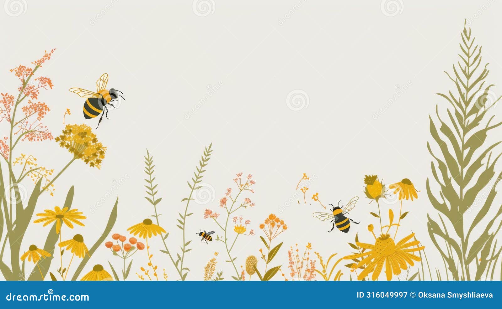 stylized  of bees hovering among wildflowers, depicting the diversity of pollinators and their habitats with