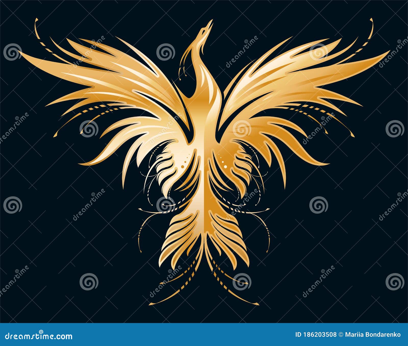 Stylized Image Of Golden Phoenix On Black Background Stock Vector Illustration Of Flying Feather