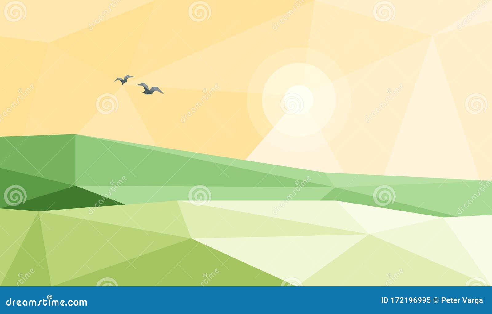 Stylized Low Poly Landscape with Hills, Sun and Birds Stock Vector Illustration of mountain