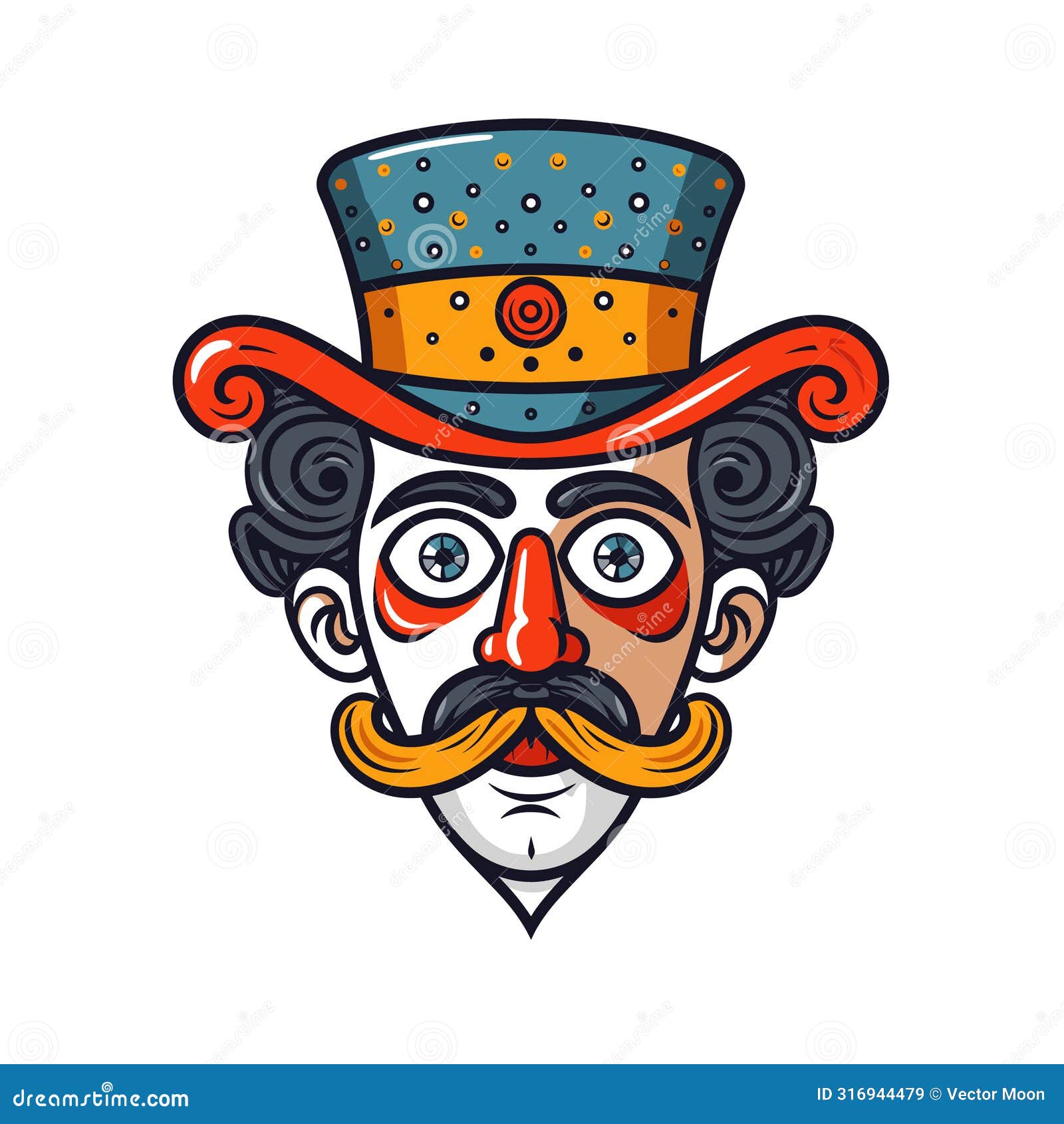 stylized male face sporting curled mustache, whimsical top hat, dramatic facial expression. circus