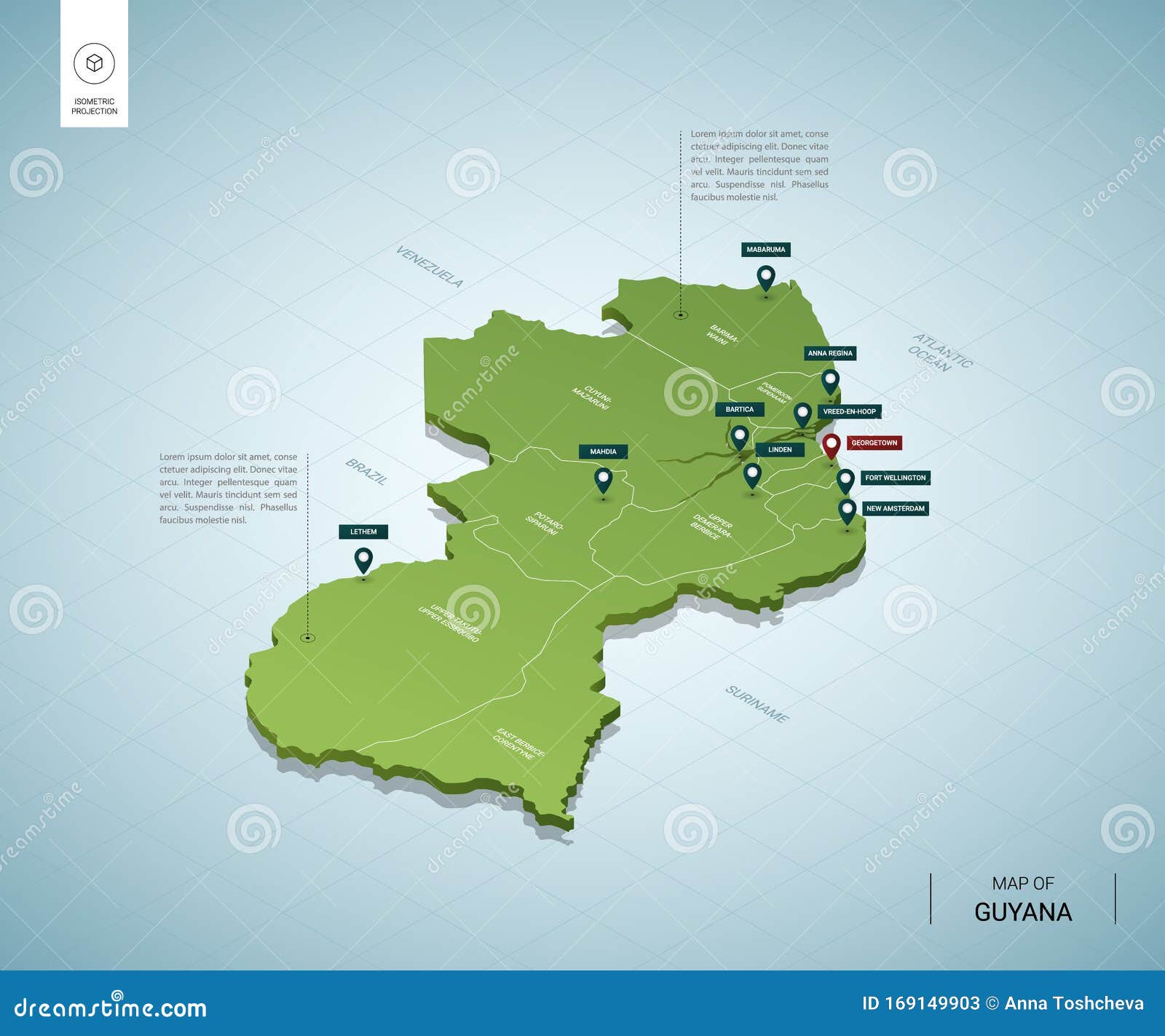 Stylized Map of Guyana. Isometric 3D Stock Vector Illustration of