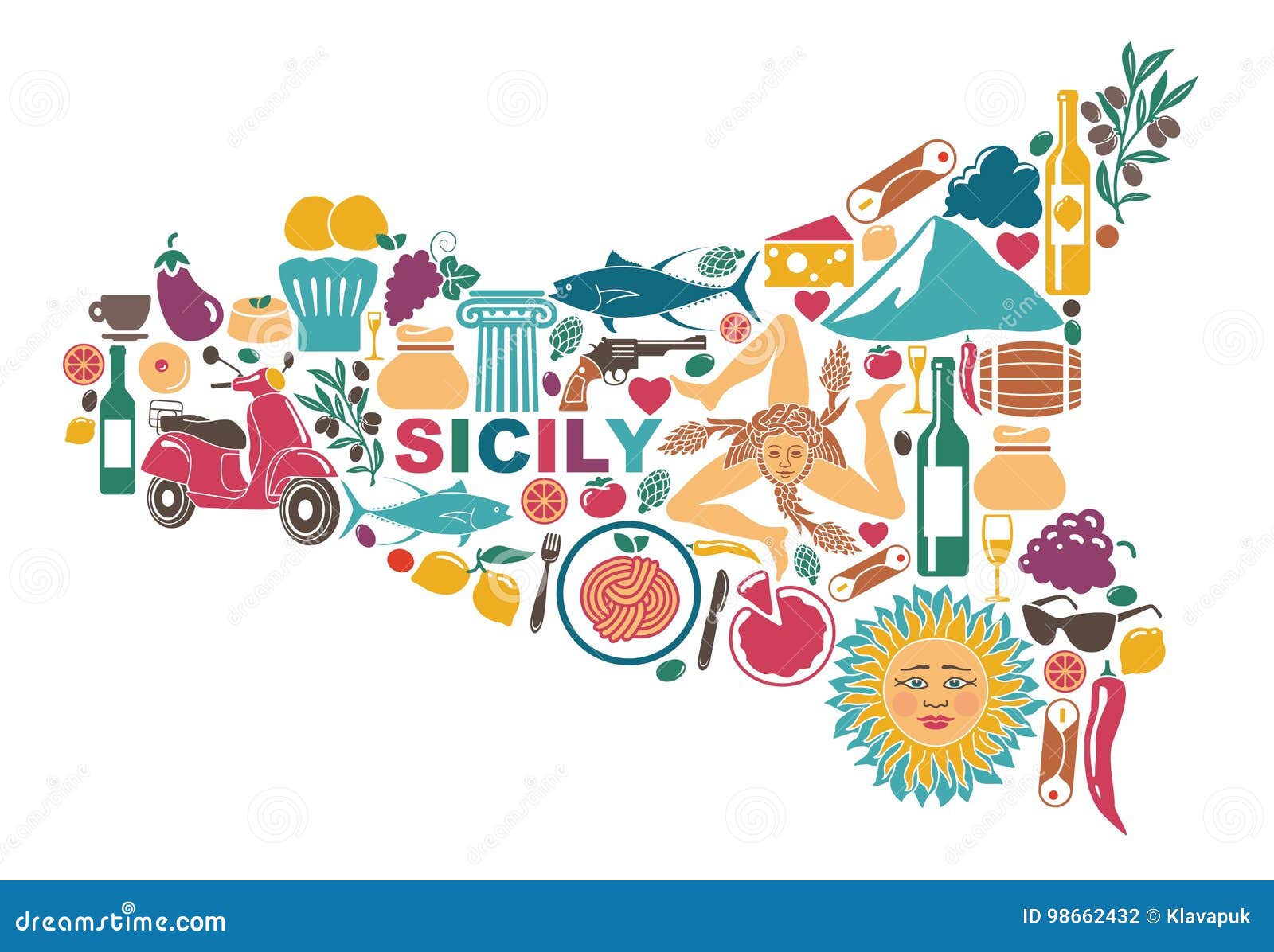 stylized map of sicily with traditional s
