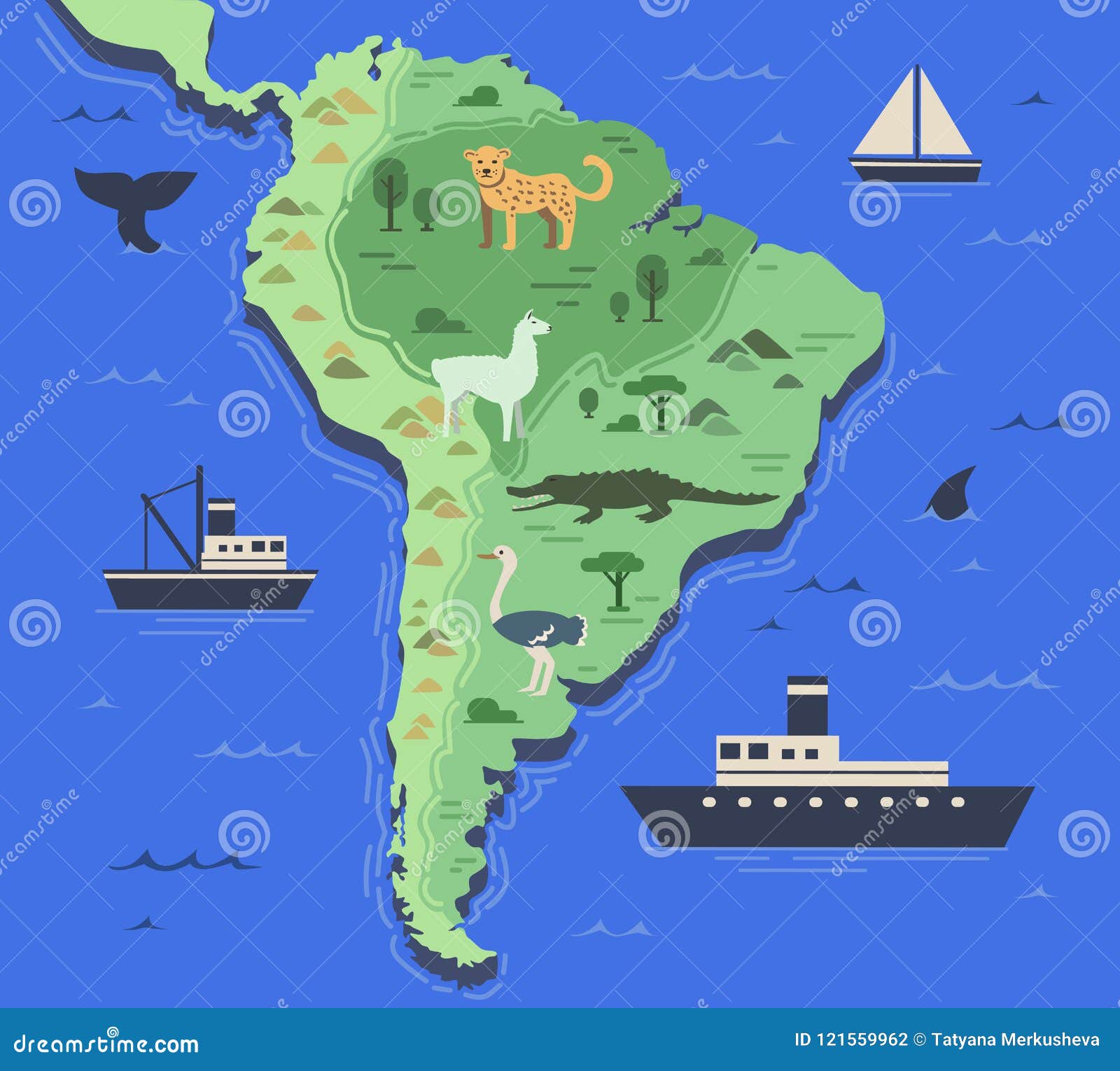 stylized map of south america with indigenous animals and nature s. simple geographical map. flat 