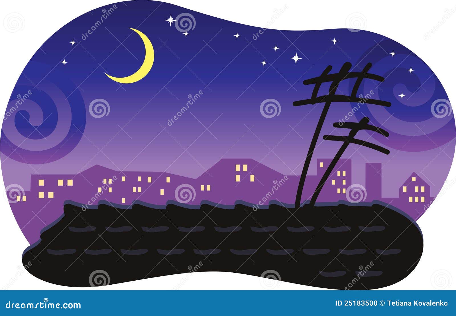 stylized night cityscape with a tiled roof.