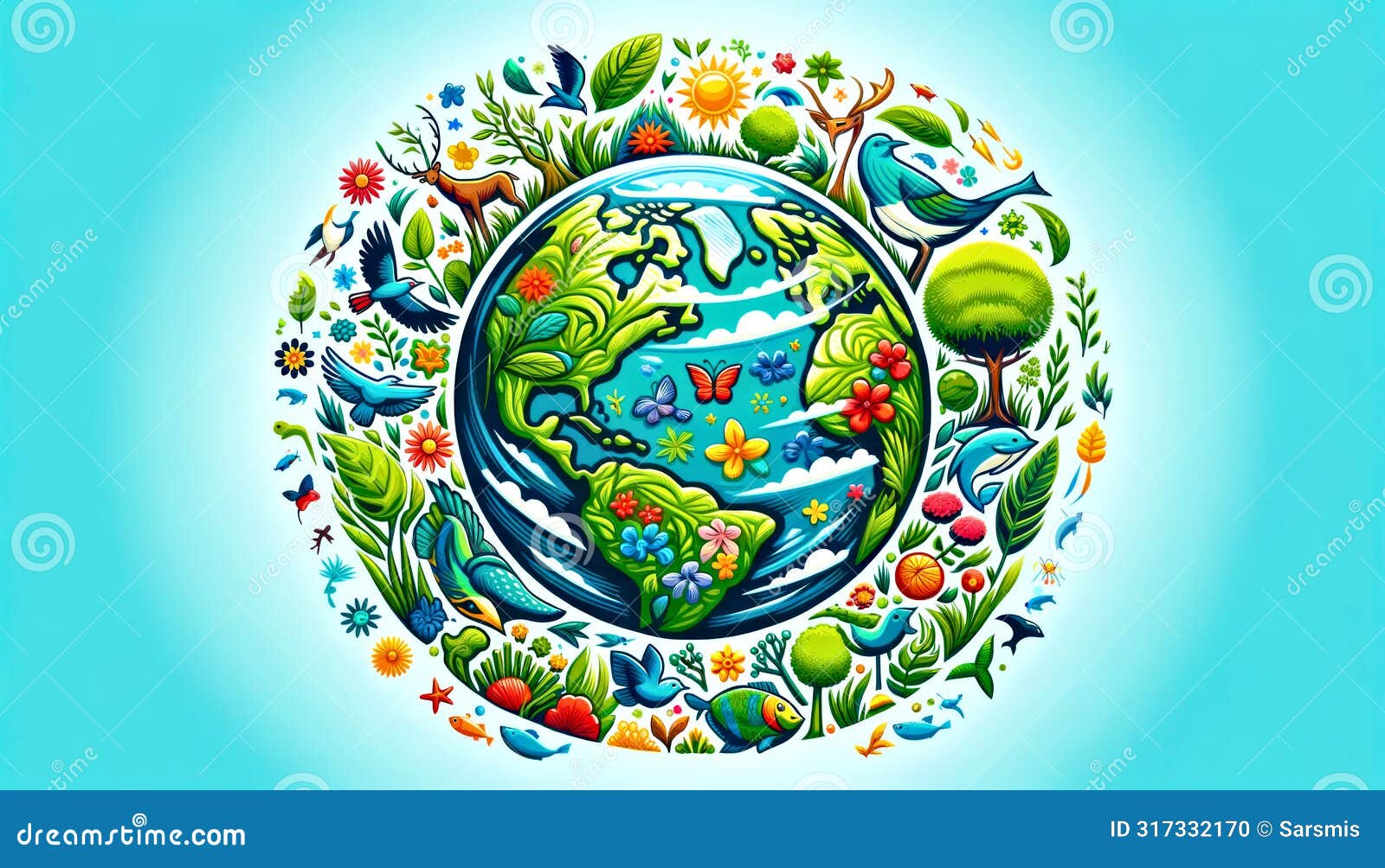 a stylized portrayal of the earth encompassed by flora and fauna highlights the interconnectedness of ecosystems and the