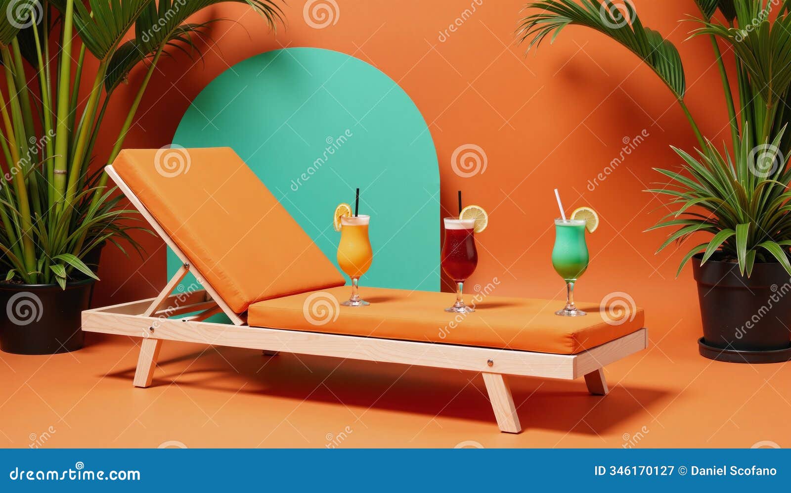 stylized summer scene featuring an orange sun lounger with surrounding abstract brightcolored s and cocktails