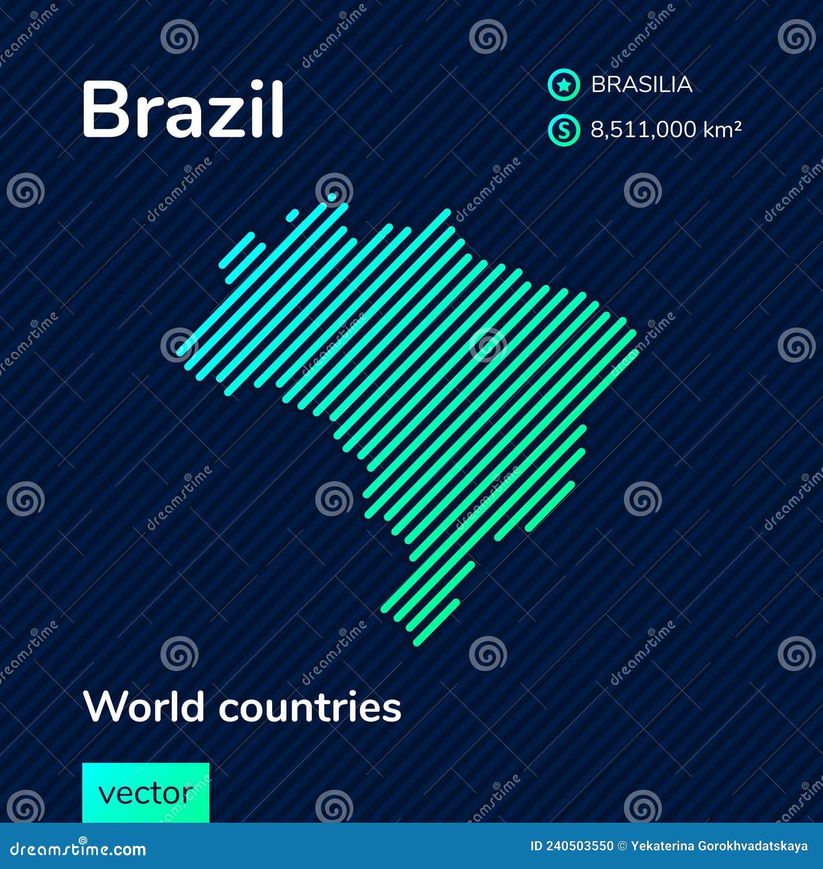 stylized  flat map of brazil in neon green colors on striped dark blue background.