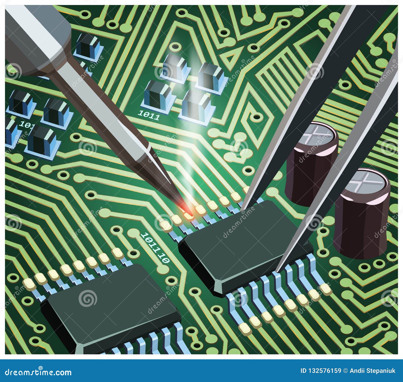 soldering computer chip on the board close up stock vector the circuit theme