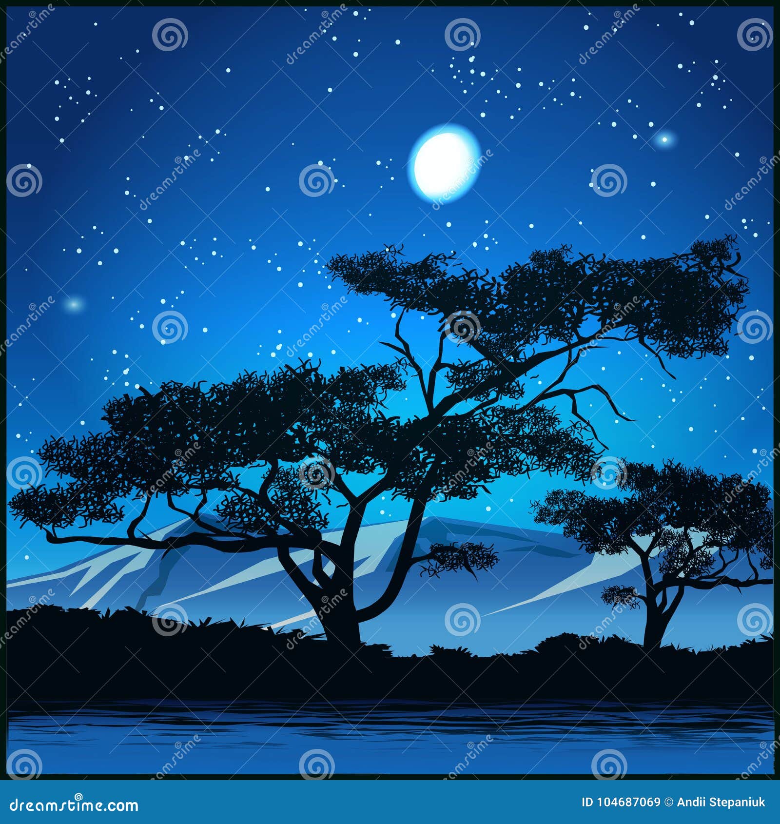 Trees at starry night stock vector. Illustration of nature 104687069