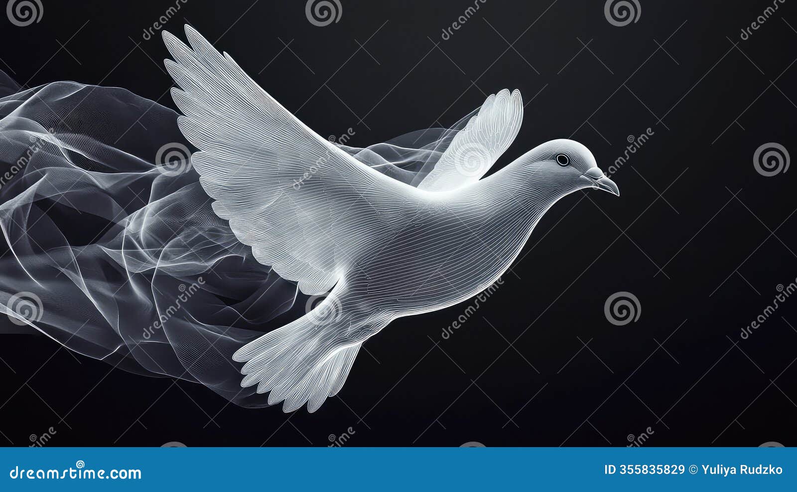 stylized white dove in flight against dark grey background, created with white lines to convey movement and depth