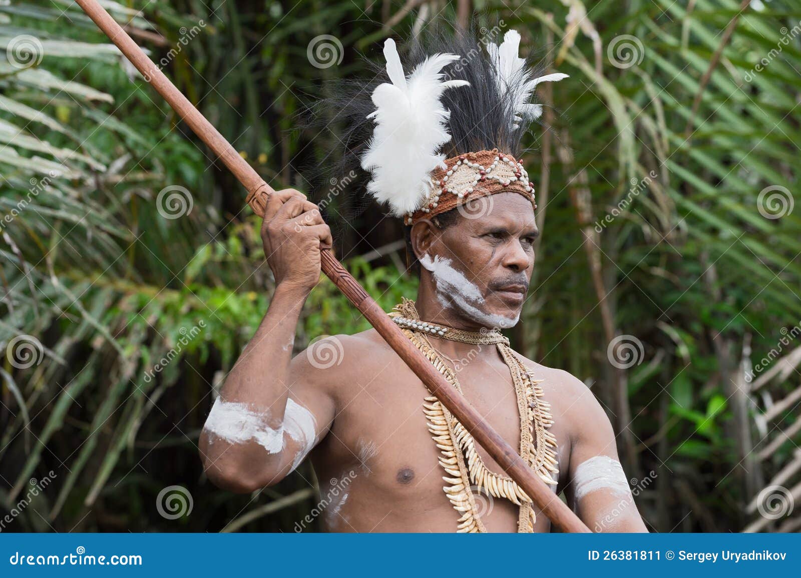 Stående av den Asmat krigare. Headhunteren - Asmat i traditionella och nationella klänningar, med målning på framsidan, dogteethhalsband. på Juni 28, 2012 i den Jow byn, PAPUA (IRIAN JAYA), ASMAT-LANDSKAP, INDONESIEN