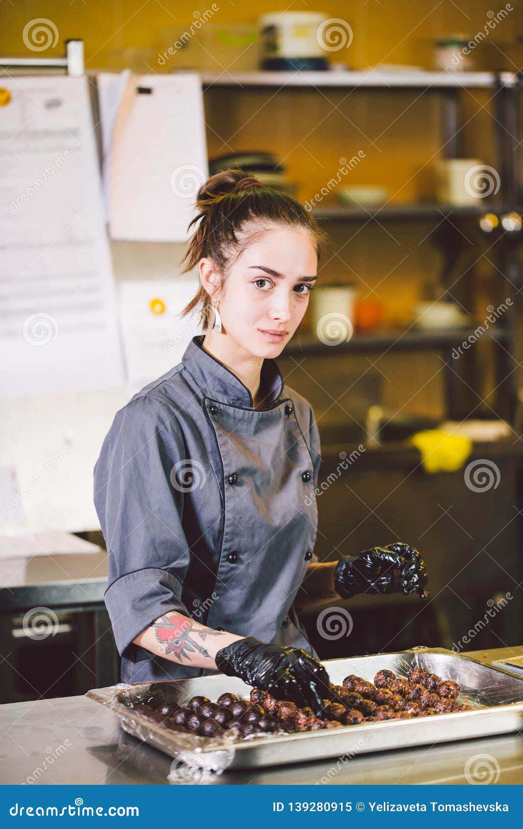 Subject Profession and Cooking Pastry. Young Caucasian Woman with Tattoo of  Pastry Chef in Kitchen of Restaurant Preparing Round Stock Image - Image of  business, occupation: 139280915