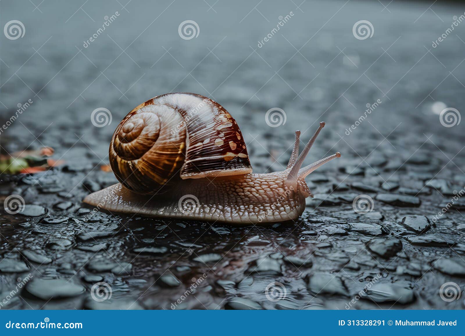 subject snail crawling on asphalt after rain, slow paced nature activity