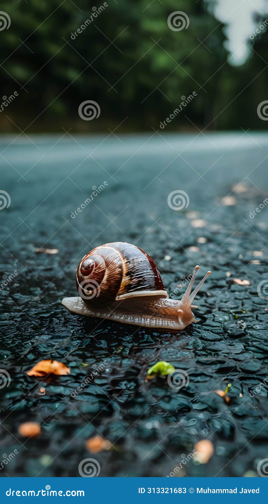 subject snail crawling on asphalt after rain, slow paced nature activity