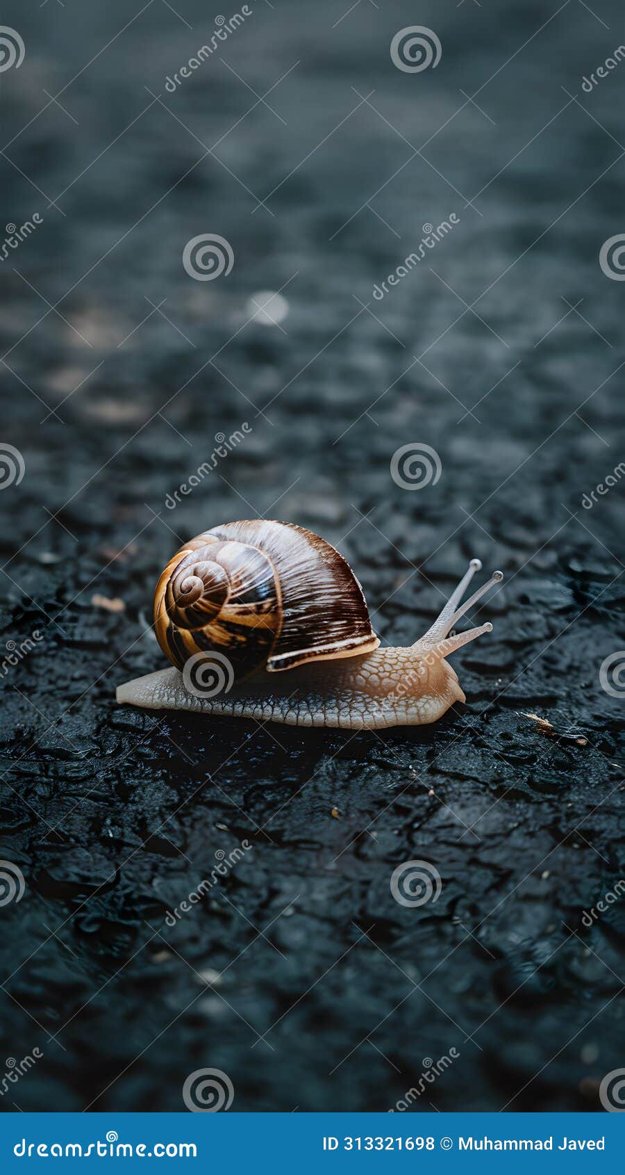 subject snail crawling on asphalt after rain, slow paced nature activity