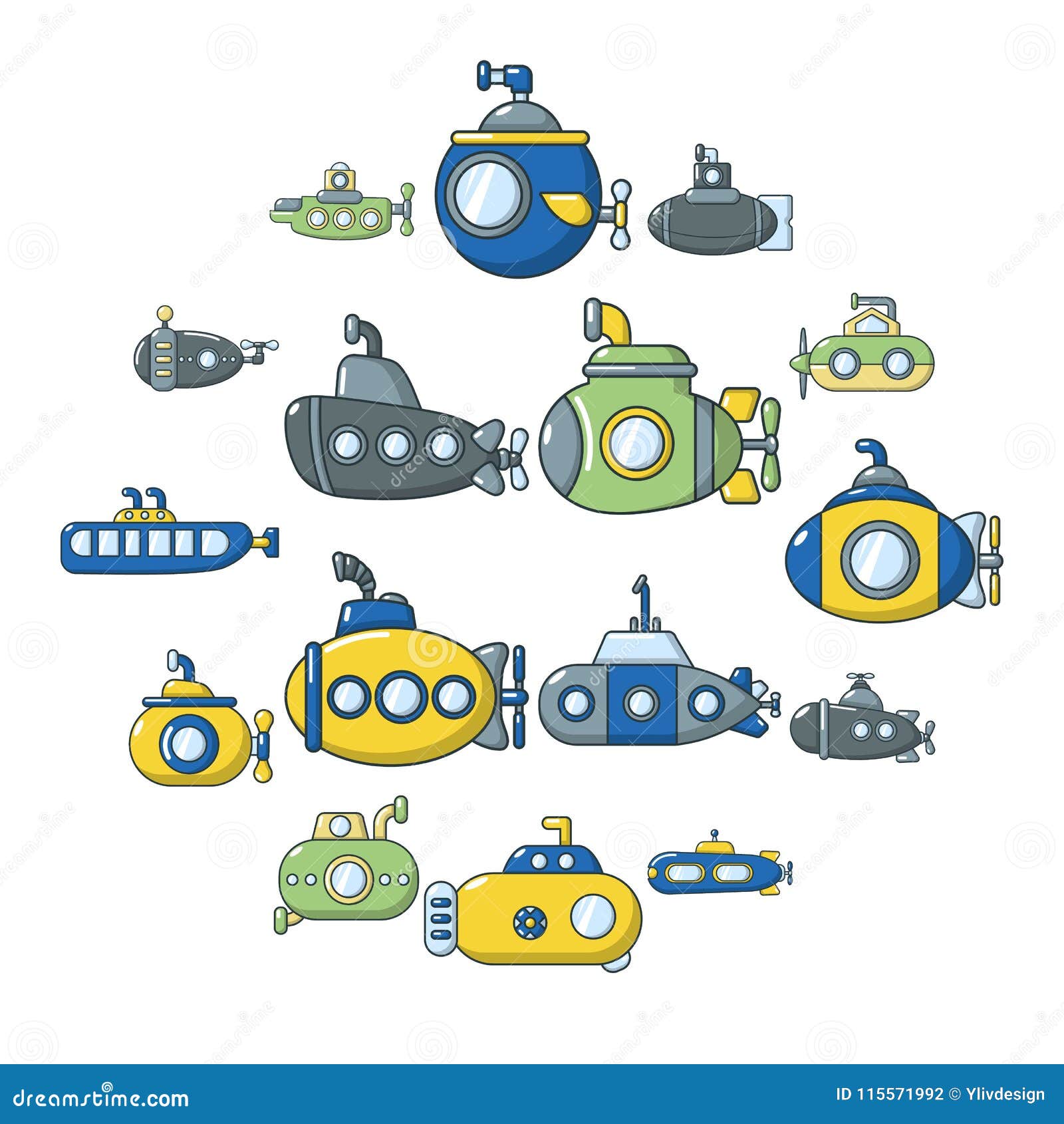 Submarine Icons Set, Cartoon Style Stock Vector - Illustration of porthole,  exploration: 115571992