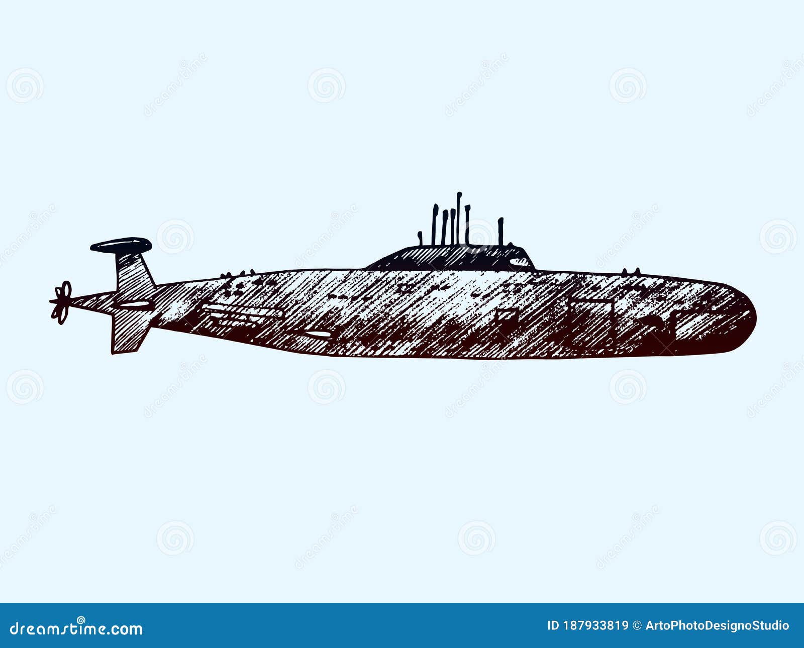 Beautiful military submarine hand drawing blue Vector Image