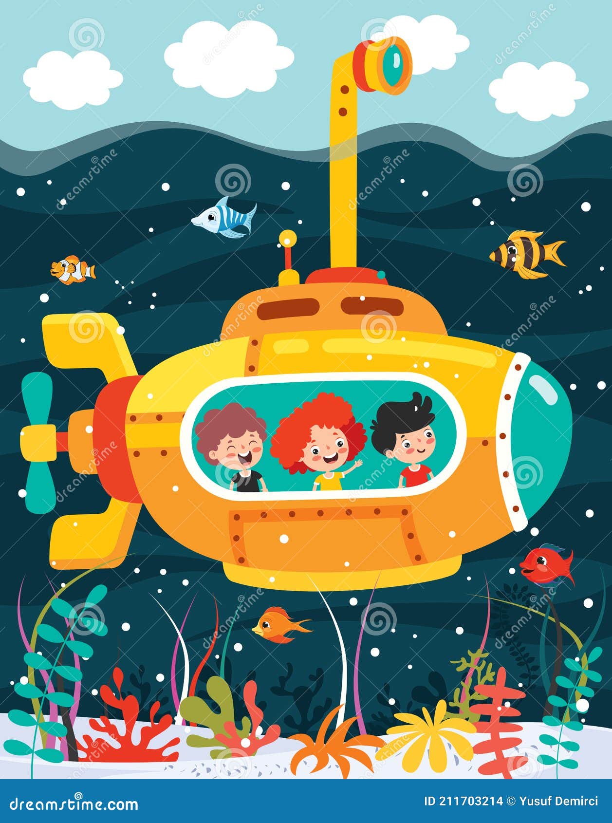 Dibujos Animados Submarino Baño Submarino Con Periscopio Vector Divertido  Lindo Stock Vector by Seamartini 652888386