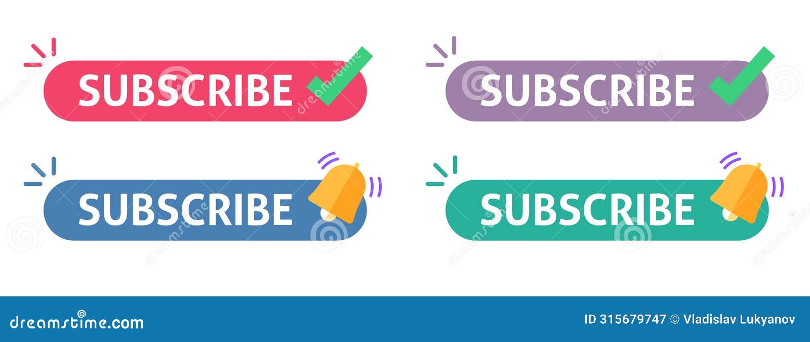 subscribe button icon with check mark and bell  graphic  set red blue purple green color, subscription flat