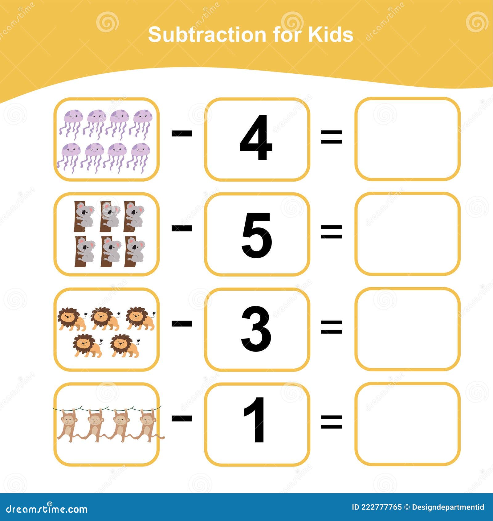 Subtraction For Kids. Counting Game For Preschool Children. Additional Math Games For Kids. Stock Vector - Illustration Of Worksheet, Doodles: 222777765