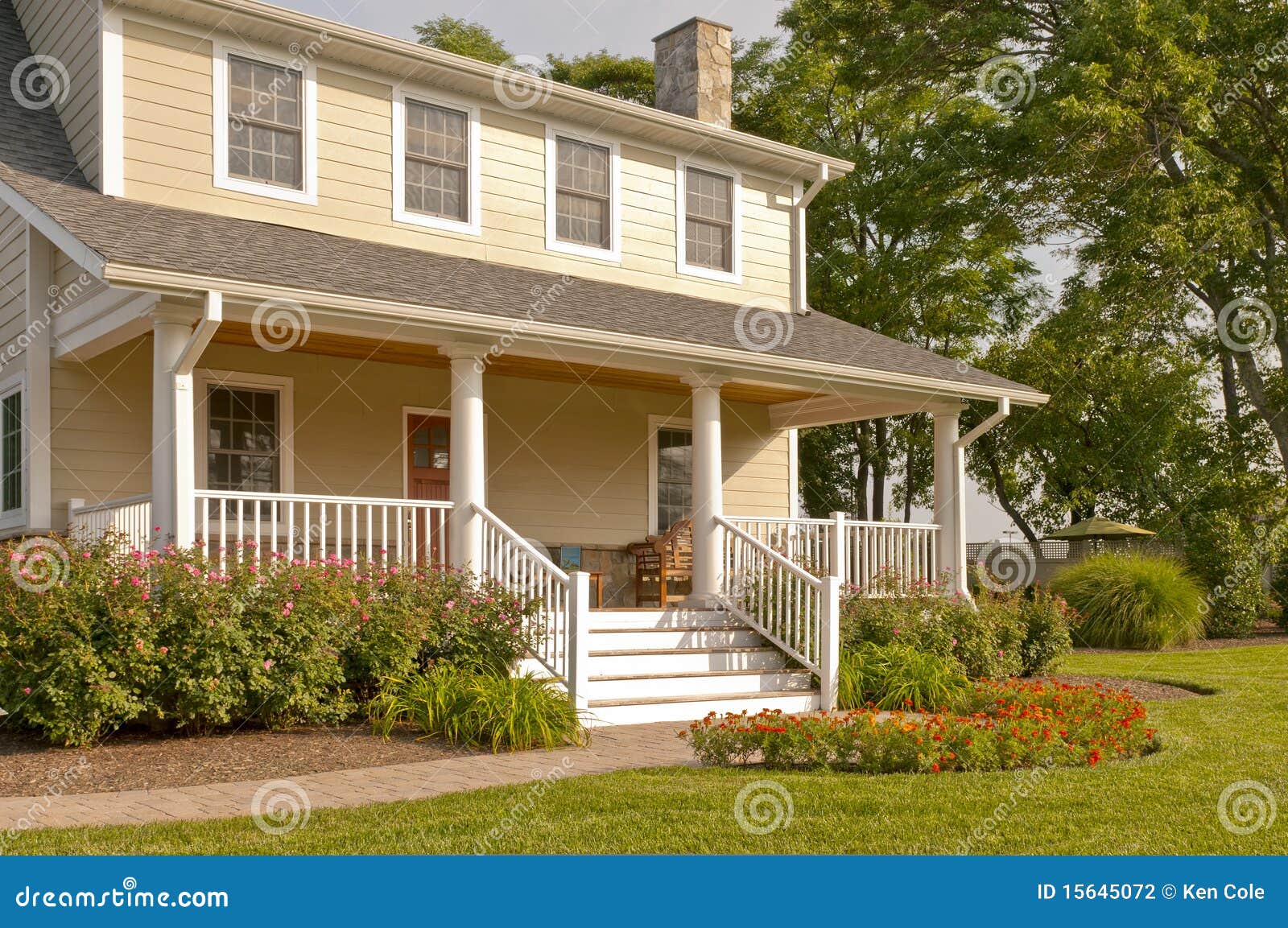 suburban house with white porch