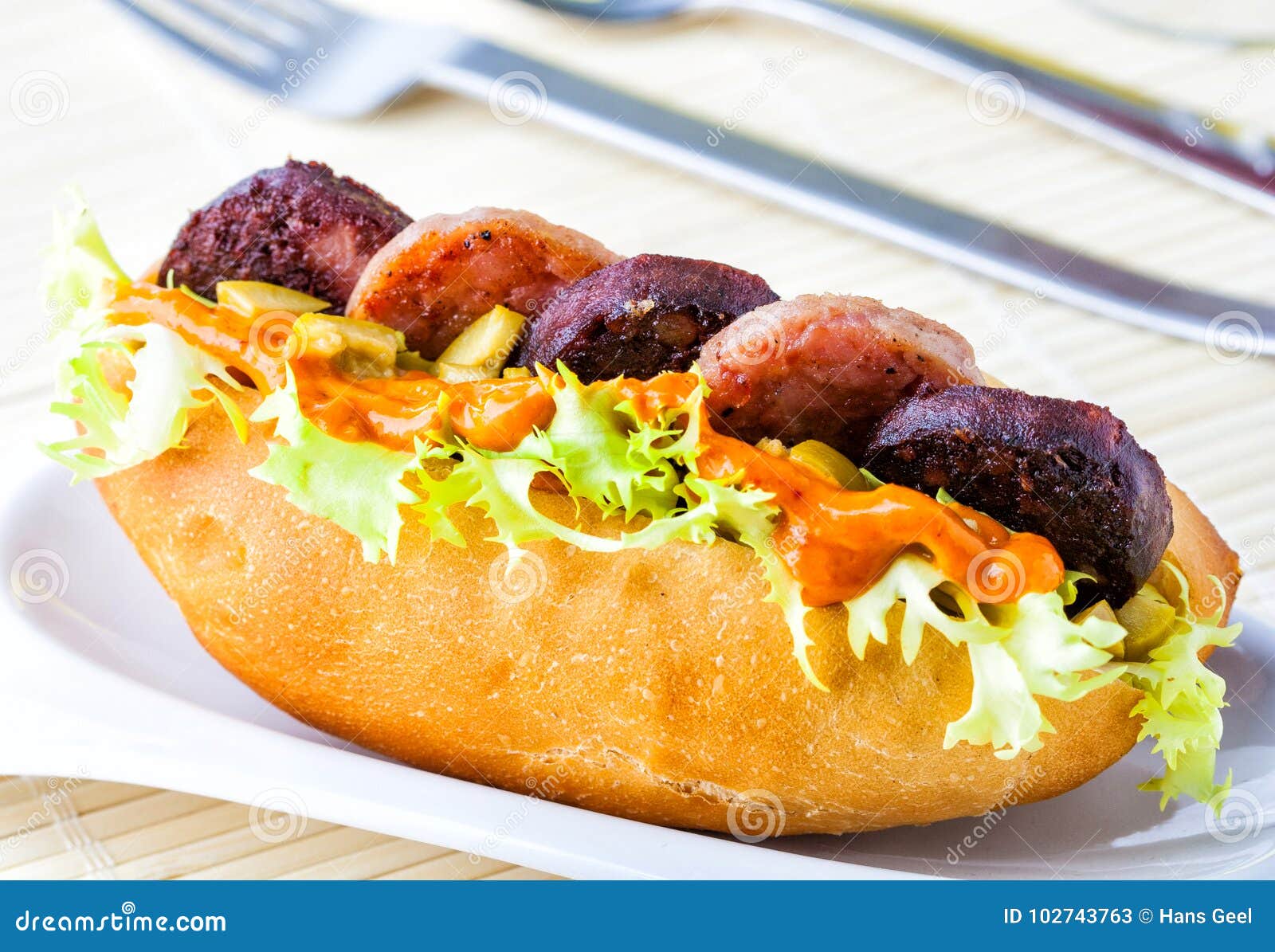 Sausage sandwich stock image. Image of morcilla, black 102743763