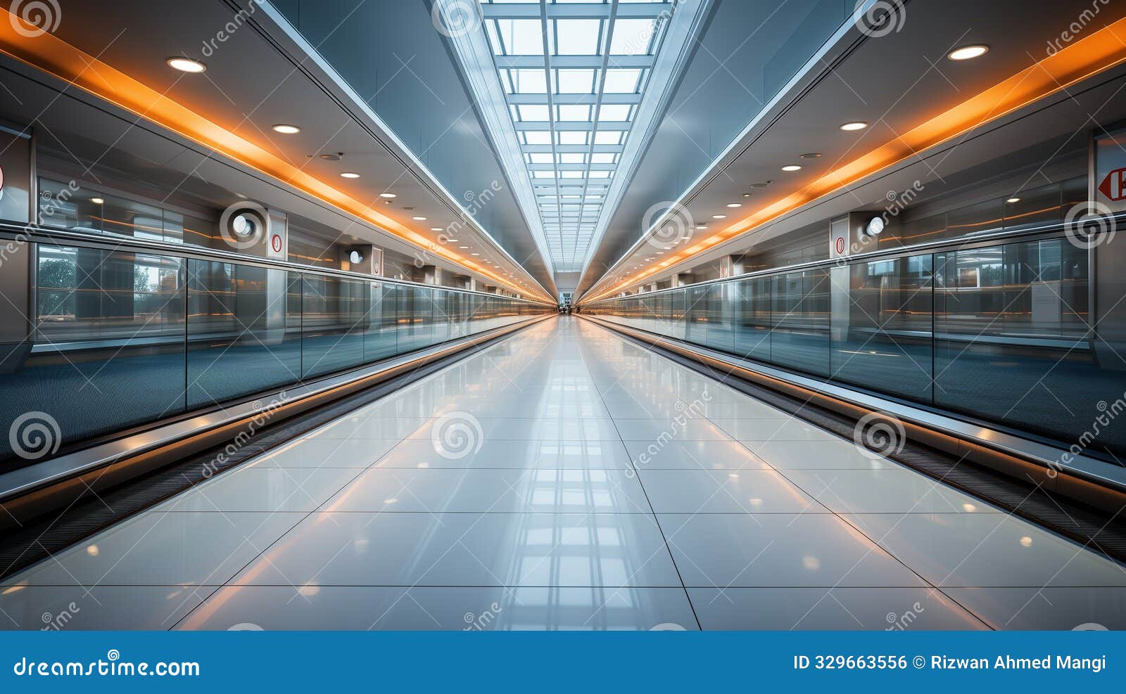 subway station, fuzzy image of an empty escalator going up to the top floor with ornamental ceiling lights