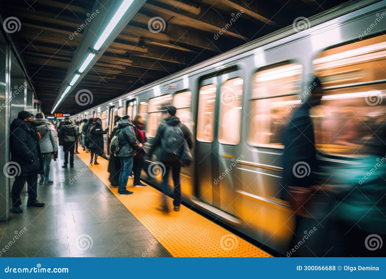 Subway Train in Motion with Crowd of People on Platform, Encapsulating