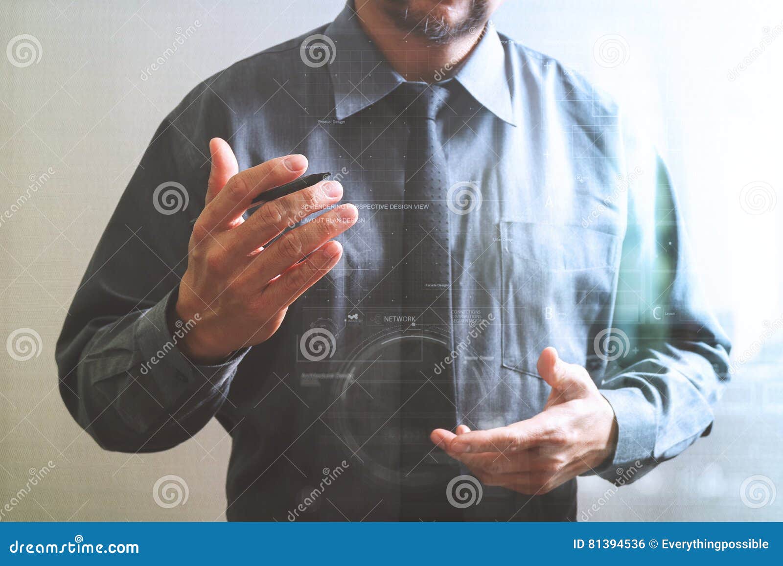 Success Businessman Open His Hand,working Touch Screen Computer,front ...