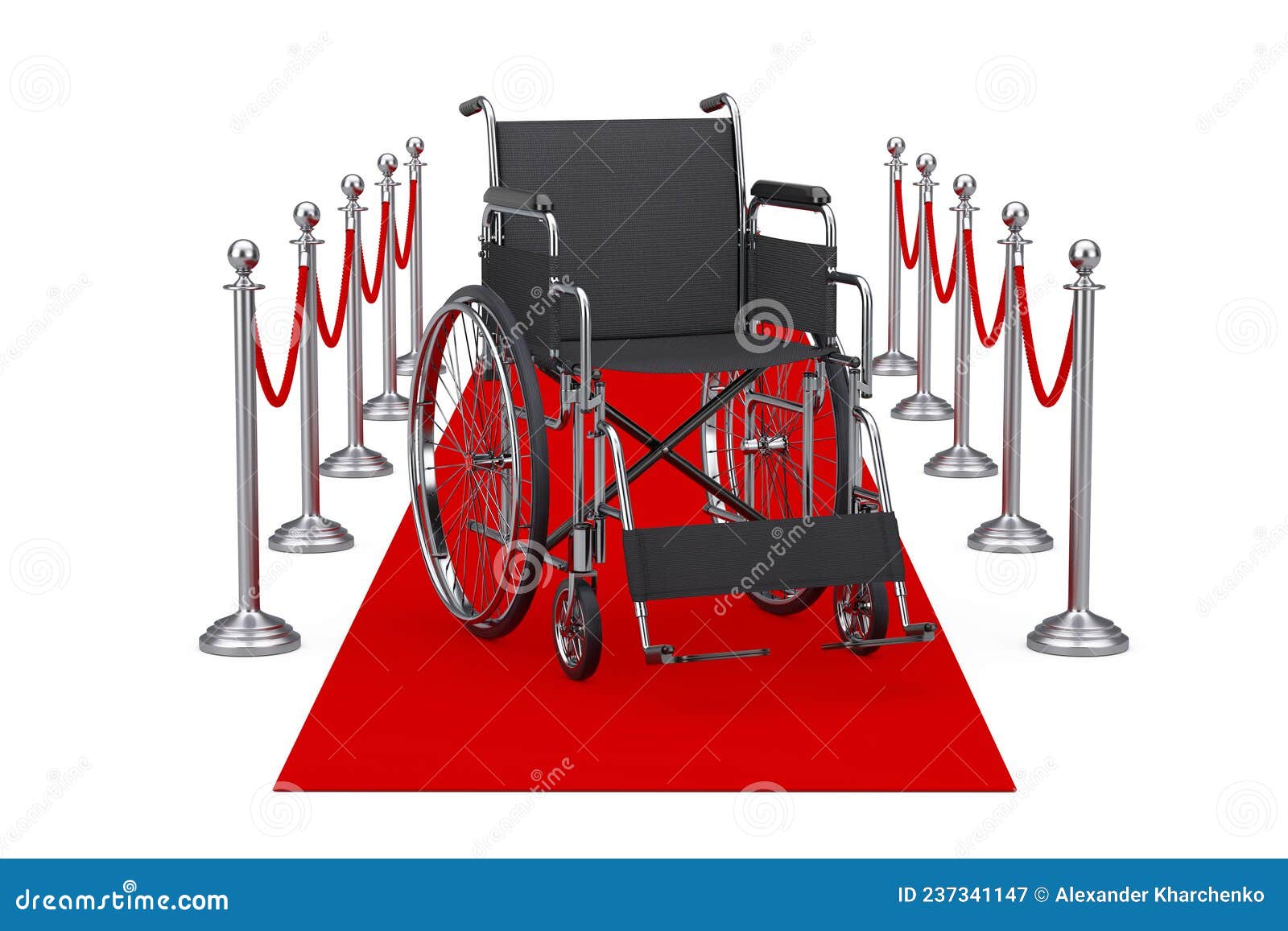 Success Concept. Empty Wheelchair on a Red Carpet with Barrier Rope. 3d