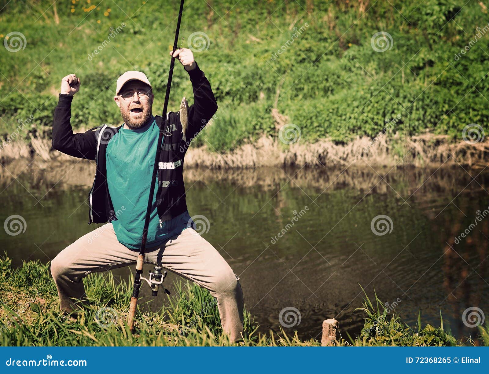 Success Fishing Man With Fishing Rod Funny Fun Stock Image Image