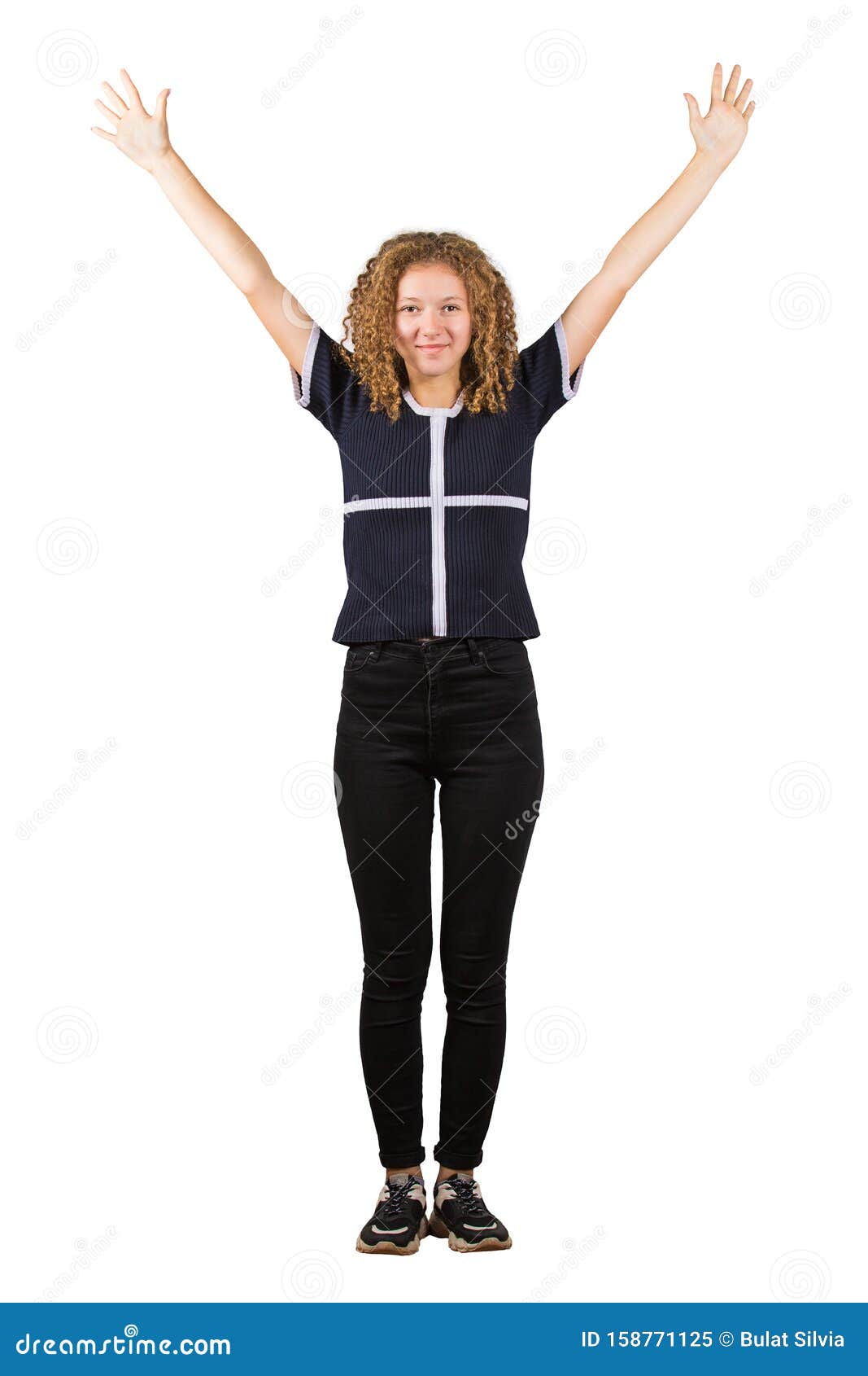 Success positive emotions, freedom concept. Full length portrait of happy teen girl, curly hair, spread her arms up looking to camera isolated on white background