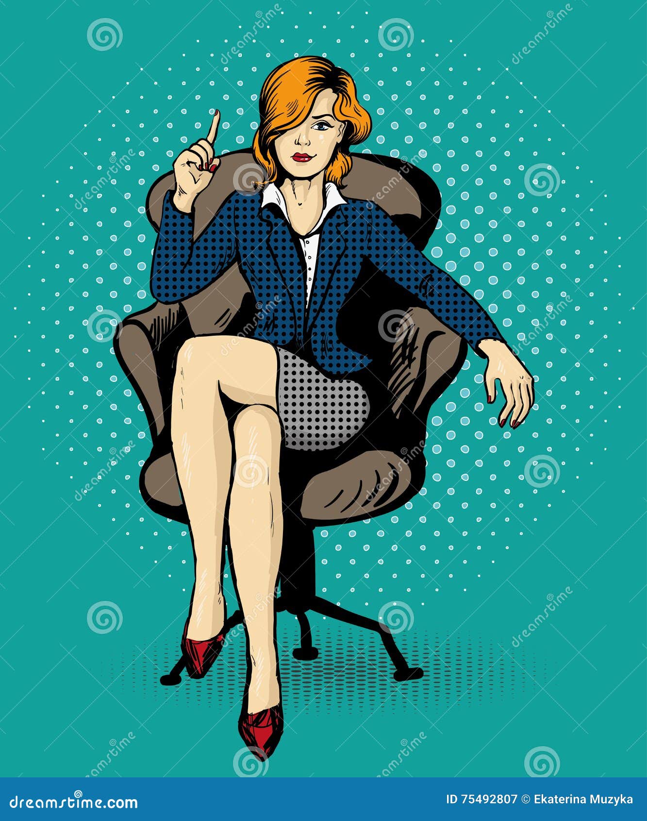 Successful Business Woman Sit In Chair Vector Illustration In Comic Pop