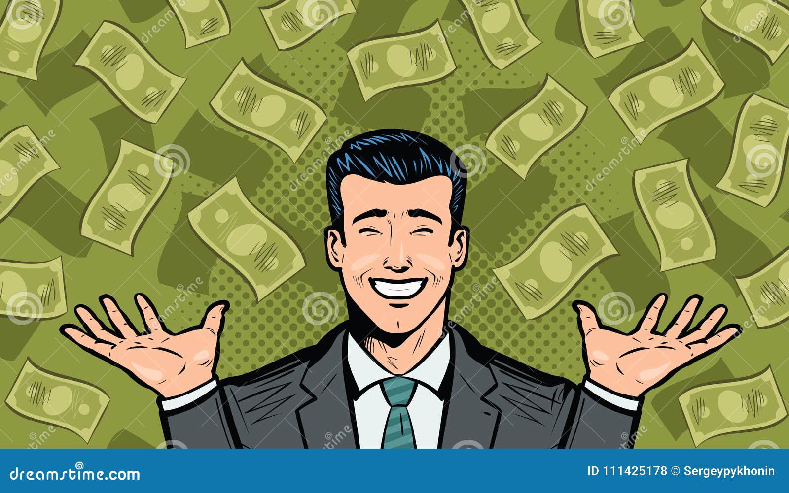 successful businessman and dollars. wealth, winning, success or earnings concept. cartoon in pop art retro comic style