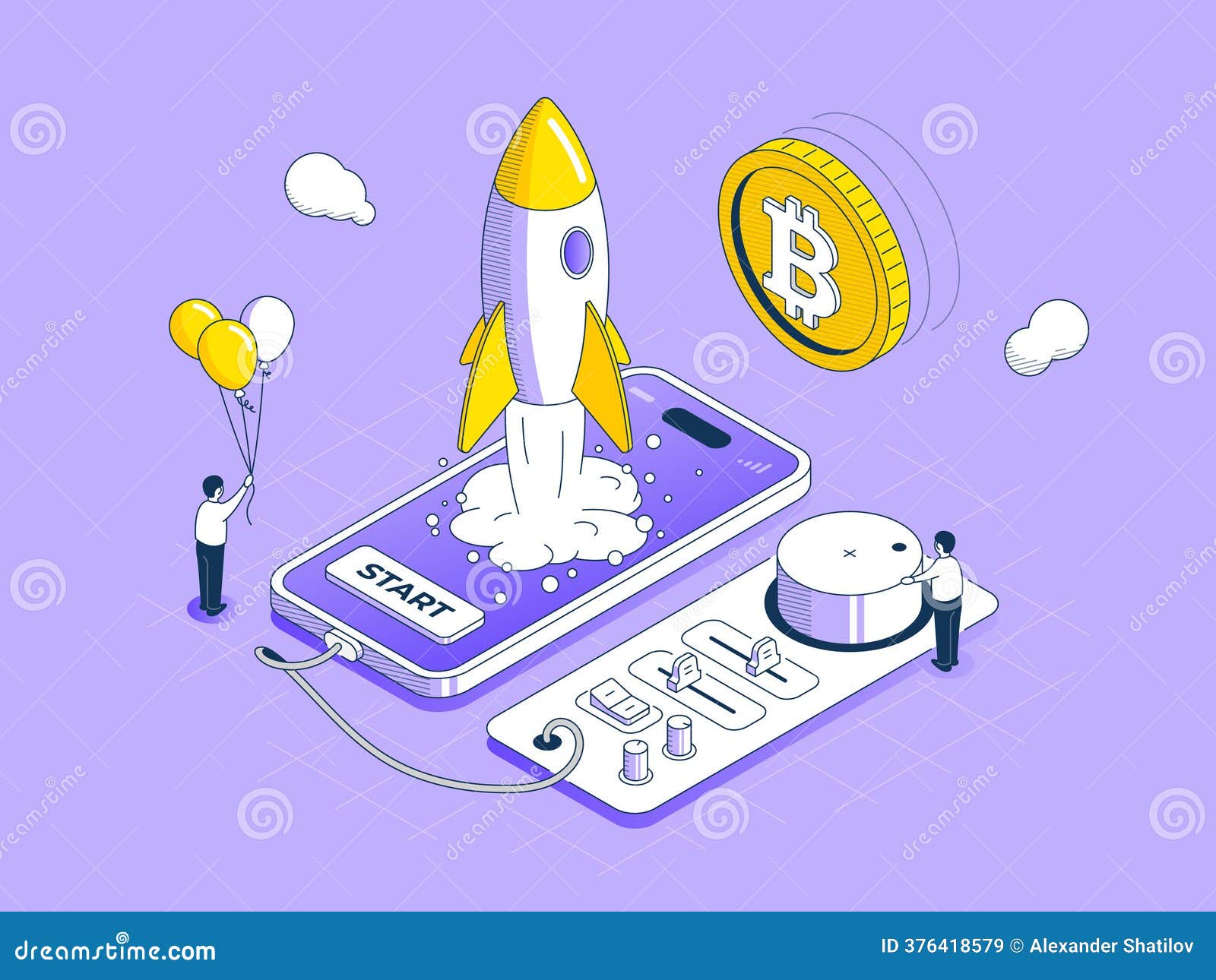 Successful Startup. Control Panel with Wire To Smartphone Launching Rocket,  Project Launch Symbol, with Floating Bitcoin Stock Vector - Illustration of  outline, cryptocurrency: 376418579