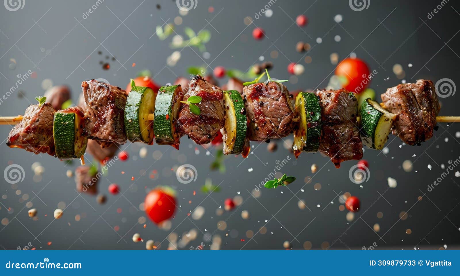 Succulent Grilled Steak Skewers with Herbs and Spices in Dynamic Flight