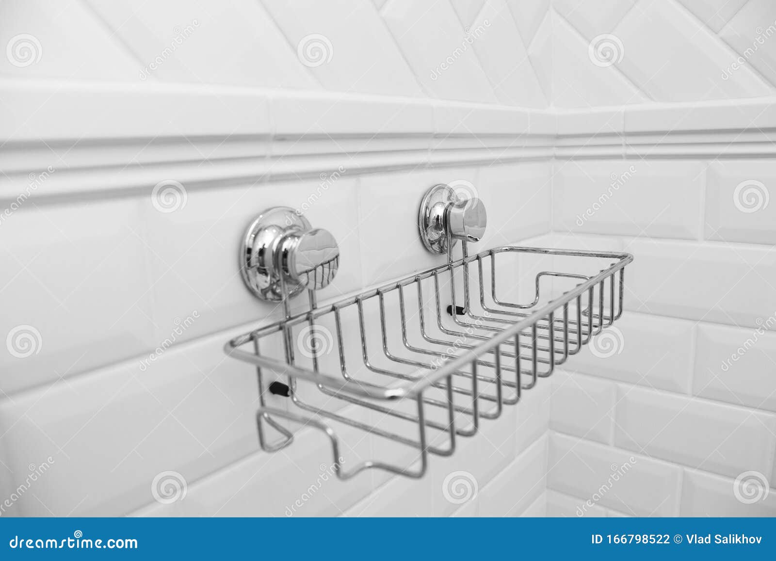 Suction Cups Compact Bath Shelf, Fixing on Tiled Wall without Drilling. Stock Photo Image of